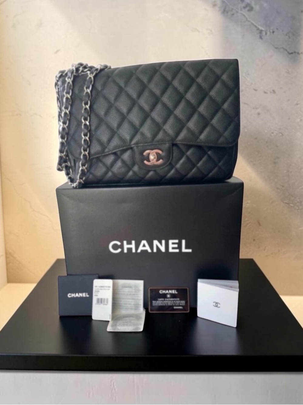 Chanel Classic Jumbo Quilted Grained Flap Bag Silver Chain  Hardware